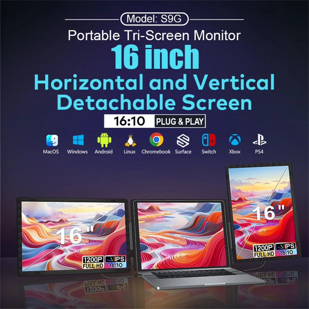 Rospider Estensore per laptop portatile a doppio schermo da 15,6 a 16 pollici con triplo monitor IPS 1080P ruotabile FHD per MacBook e Windows