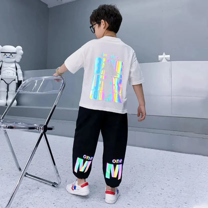 Completo estivo per ragazzi composto da maglietta a maniche corte e pantaloni, 2 pezzi, abbigliamento sportivo casual per adolescenti, taglie 3 5 8 10 12 13 15Y