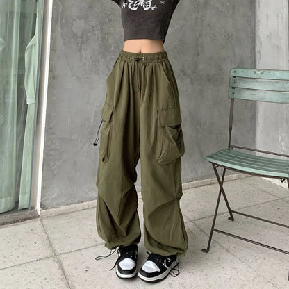 Pantaloni neri da donna stile Y2K Parachute, stile hippie streetwear, con tasche oversize, pantaloni cargo, gamba larga, stile Harajuku.