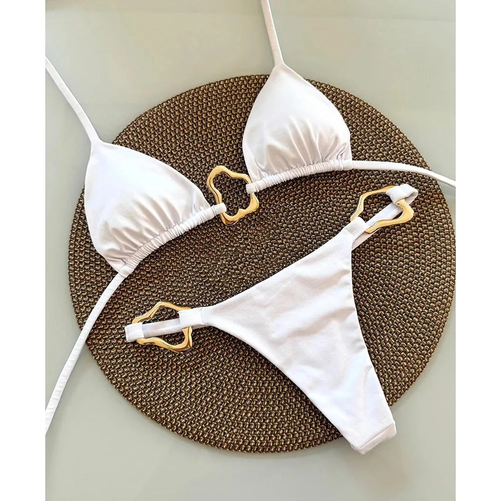 Nuovo bikini sexy a tinta unita con lacci e spacco, costume da bagno a due pezzi per donna