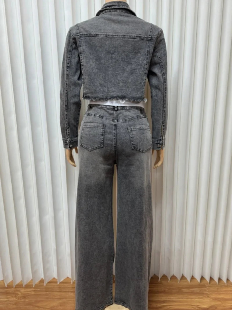 Streetwear Denim 2 pezzi Set da donna Outfit Abbigliamento autunnale Donna Jeans a maniche lunghe Giacca corta Jeans dritti Pantaloni Set Tuta
