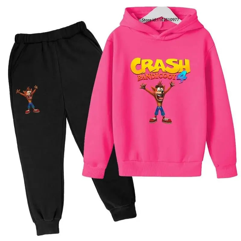 Completo per bambini con felpa con cappuccio e pantaloni a tema Crash Bandicoot, ideale per primavera e autunno, taglie 3-13 anni, abbigliamento casual per bambini e bambine.