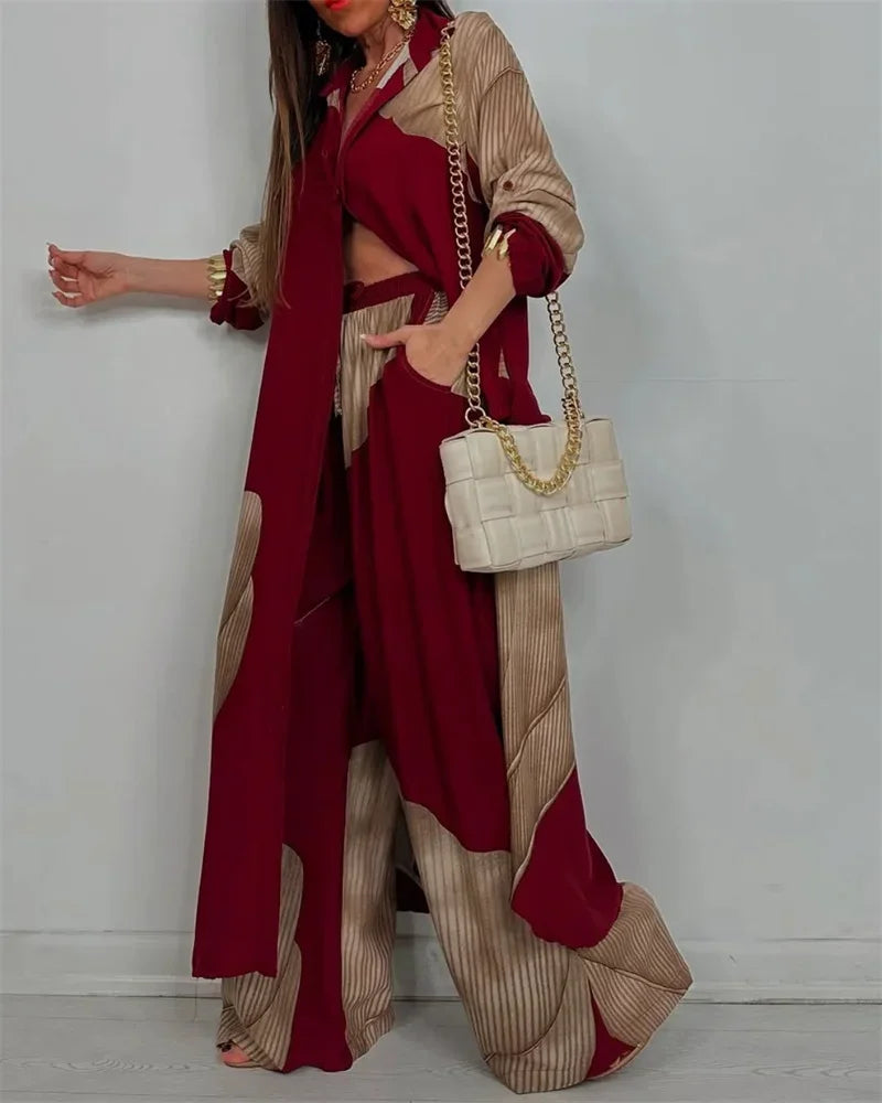 Women Autumn Fashion Casual Color Blocked Loose Shirt Top and Pants Two-piece Set Comfortable Straight Pants Female Suits 2025