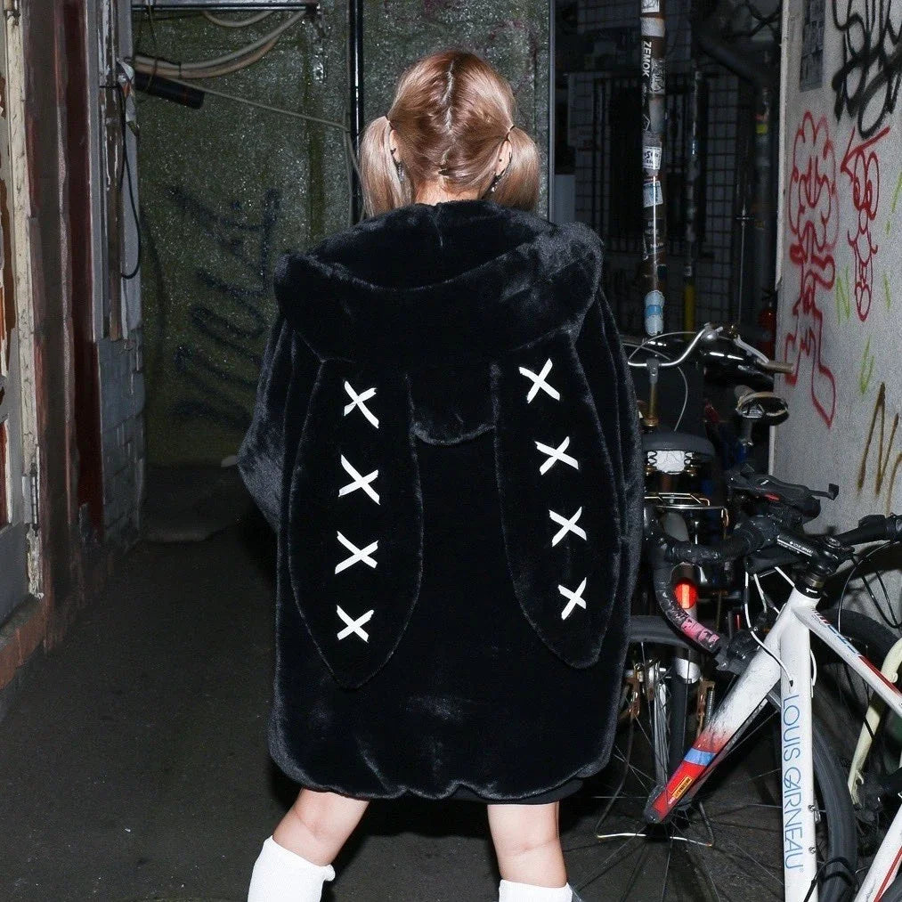 Japanese Harajuku Rabbit Ears Fur Purple Coat for women 2023 Winter New Women's Dark Punk Mid-Length Zipper Plush Coats Street