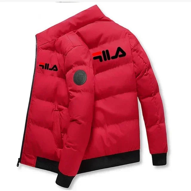 Cappotto corto caldo da uomo Autunno/Inverno 2025, giacca antivento casual stampata con cerniera, ideale per attività all'aperto e stile streetwear.