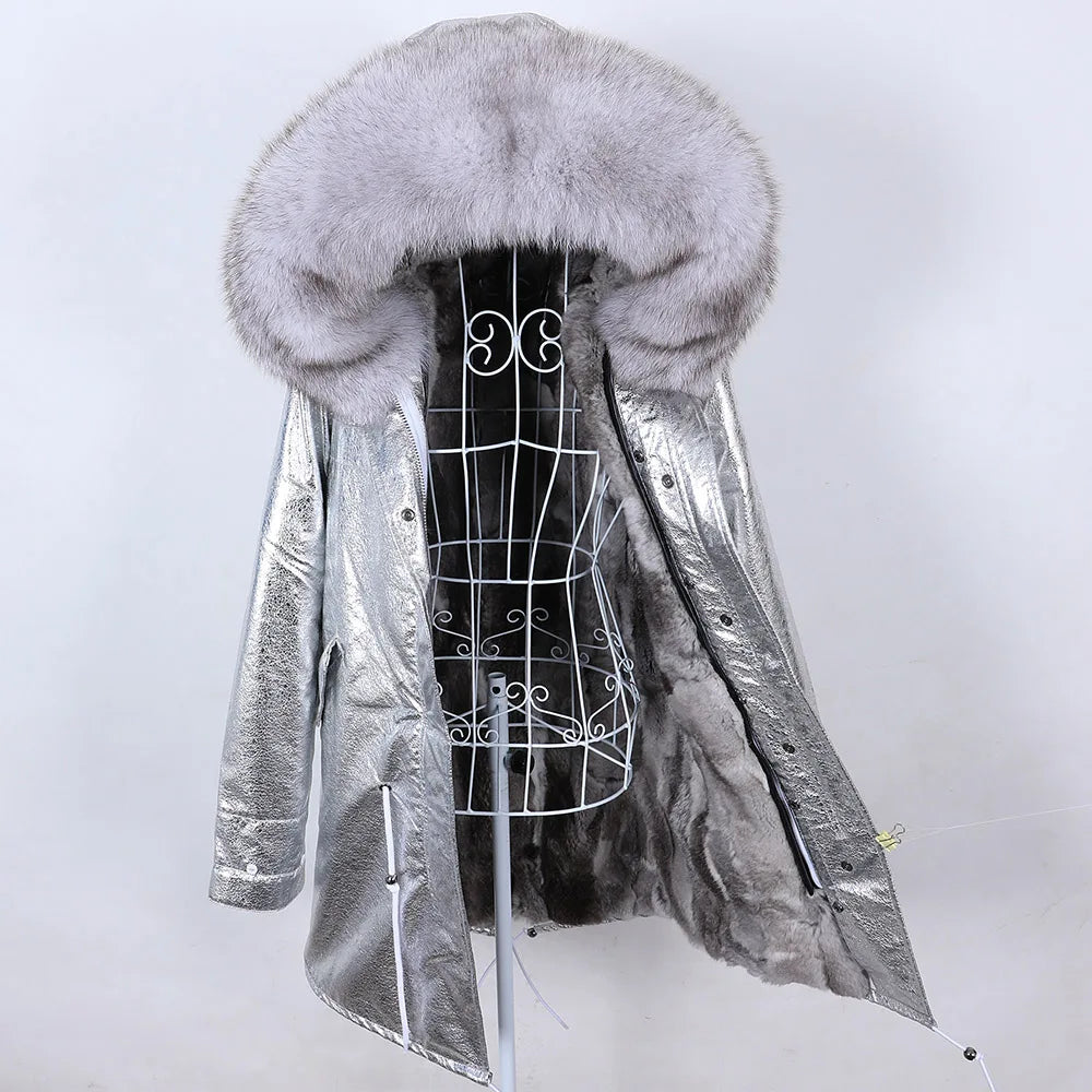 Maomaokong 2022 Giacca invernale da donna Parka lungo Impermeabile Grande pelliccia di volpe naturale vera Collo di pelliccia di procione Cappuccio Fodera in caldo coniglio