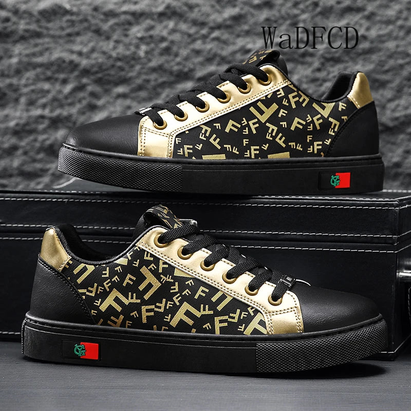 Sneakers casual da uomo, scarpe punk dorate con tomaia in microfibra e pelle, scarpe sportive con plateau rialzato.