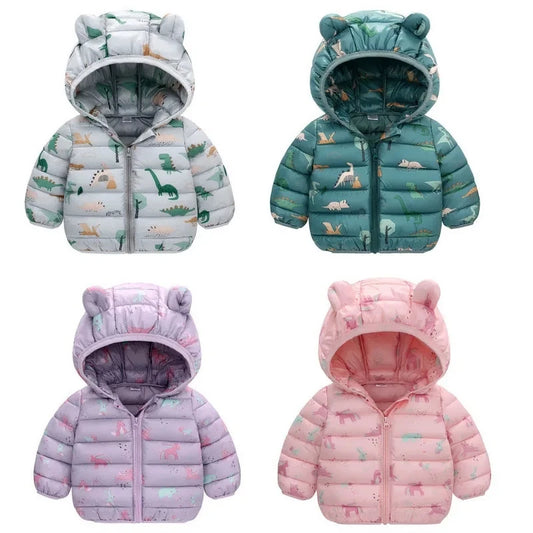 Giacca autunno/inverno per neonati, maschietti, maschietti, femminucce, dinosauri a cartoni animati, cappotto spesso con cappuccio per bambine da 1 a 5 anni, tiene caldo, piumino in cotone, capospalla
