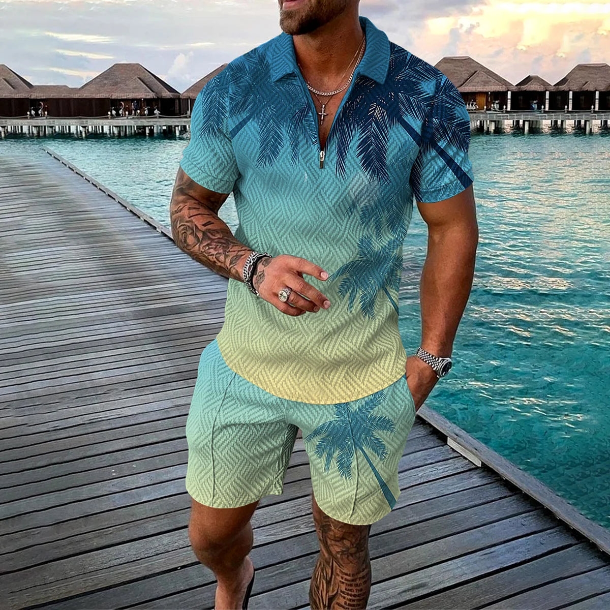 Completo estivo da uomo con stampa 3D, composto da polo con cerniera e pantaloncini, 2 pezzi, stile boho geometrico, abbigliamento per le vacanze.