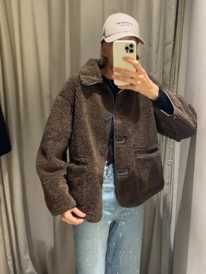 Women 2025 Autumn Winter Warm Outerwear Chic Faux Leather & Fur Reversibler Coat Fashion Lapel Single Breasted Street Jacket