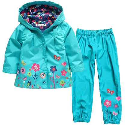 Completo impermeabile primavera/autunno per bambine, giacca antipioggia con motivo floreale + pantaloni, 2 pezzi, taglie 2 3 4 5 6 anni, abbigliamento per bambini