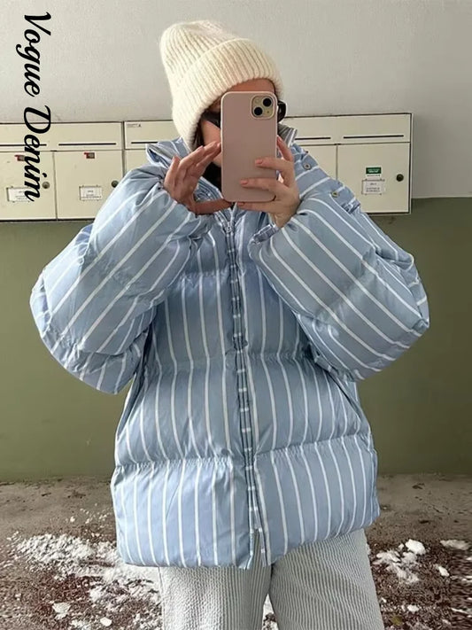 Casual Striped Loose Coat Women Full Sleeve Zippers Stand Collar Thicken Jackets Female 2025 Street Autumn Winter Lady Outwears