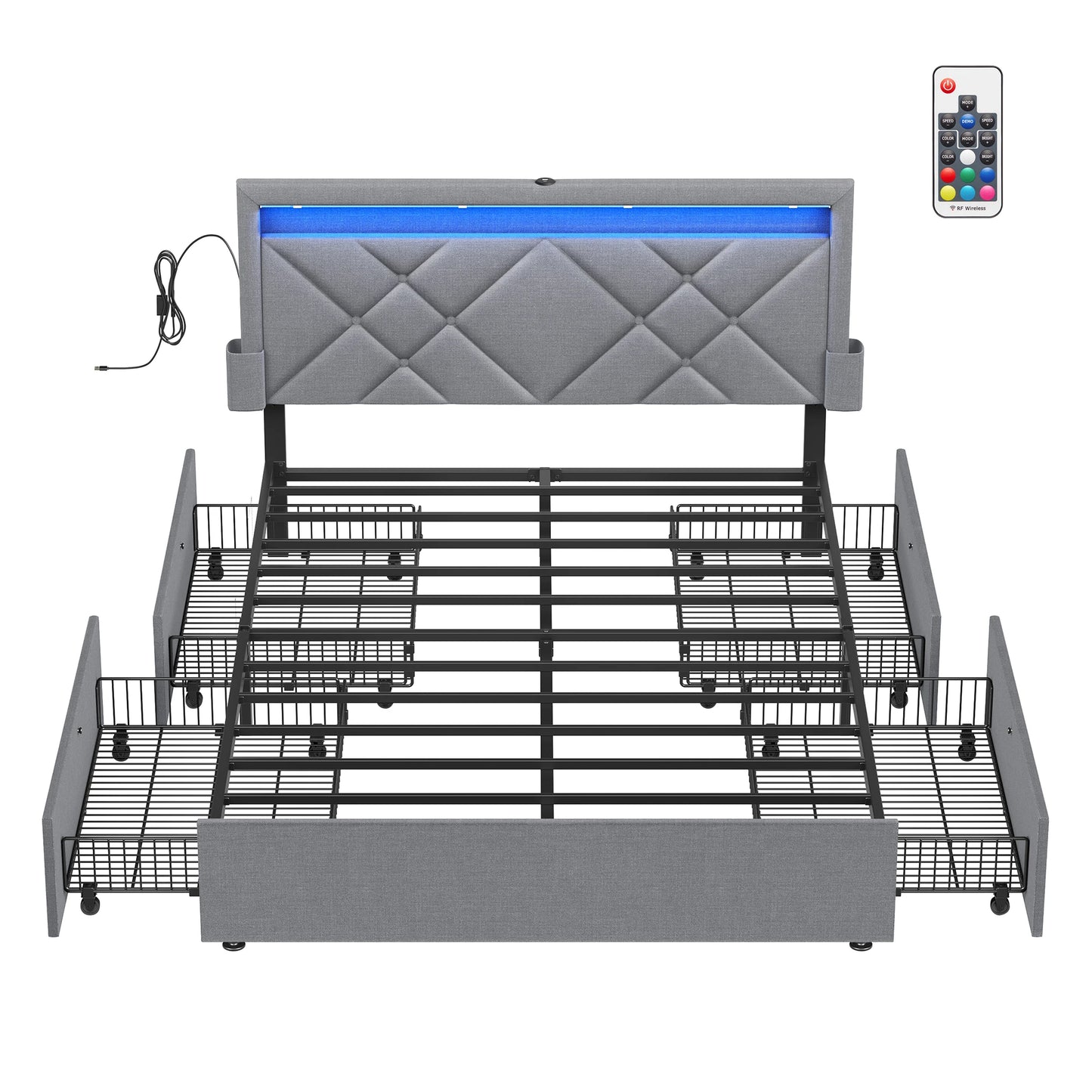 VASAGLE Letto imbottito, struttura letto matrimoniale, struttura letto, letto in metallo (LED, 4 cassetti, stazione di ricarica)