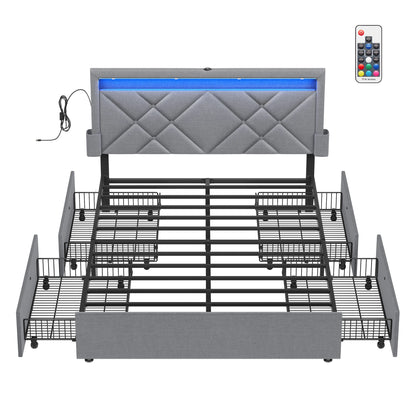 VASAGLE Letto imbottito, struttura letto matrimoniale, struttura letto, letto in metallo (LED, 4 cassetti, stazione di ricarica)