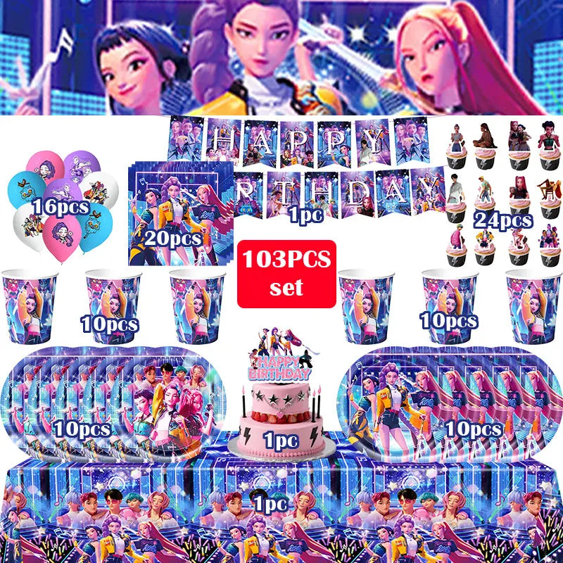 Kpop Demon Hunter Birthday Decoration Set Kpop Girl Cup Pate Happy Balloon Happy Banner Gift Bags Supplies for Kids Party Favors