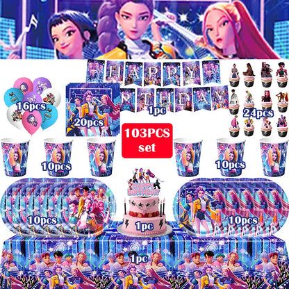 Kpop Demon Hunter Birthday Decoration Set Kpop Girl Cup Pate Happy Balloon Happy Banner Gift Bags Supplies for Kids Party Favors