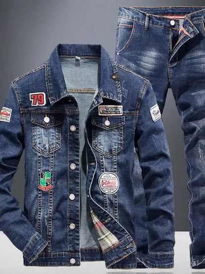 Spring Autumn New American Denim Jacket Jeans Set Classic Cowboy Jeans Trendy Two-Piece Sets Versatile Outerwear Casual Coat