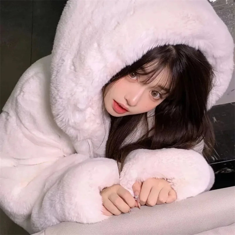 Korean Thickened Mink Velvet Coat Women Winter Clothes New Jacket Version Loose Imitation Rabbit Fur Plush Hooded Fur Coat