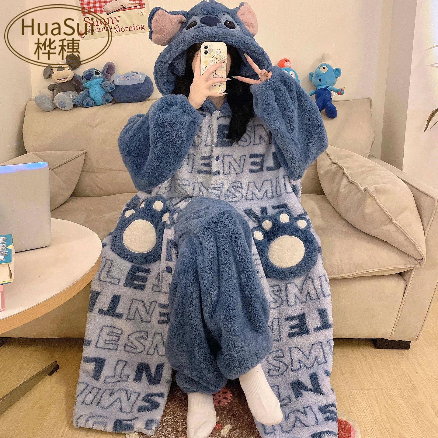 Stitch 2 pezzi pigiama in velluto Kawaii genitore-figlio Kawaii cartone animato anime bambine bambino accappatoio con cappuccio spesso caldo casual carino set di abbigliamento per la casa