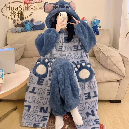 Stitch 2 pezzi pigiama in velluto Kawaii genitore-figlio Kawaii cartone animato anime bambine bambino accappatoio con cappuccio spesso caldo casual carino set di abbigliamento per la casa