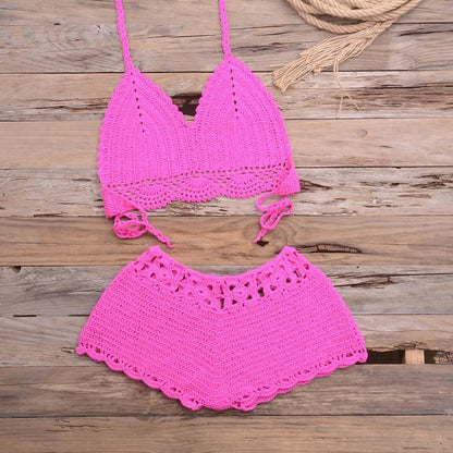 Hand-Knitted Hollow out Bikini Swimwear Beach Holiday Sand Beach Women's Two-Piece Swimsuit Lace Trim Hooked Design Outdoor Spor
