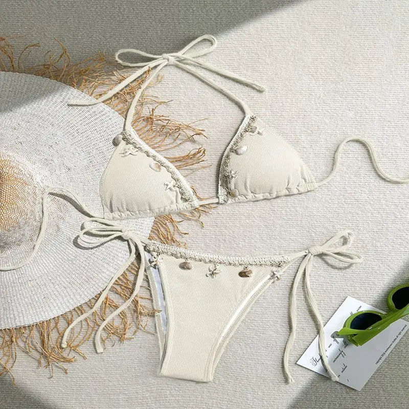 Women's Sexy Halter Triangle Bikini Top 2025 New Arrival Swimwear with Shell & Starfish Design Trendy Beachwear Two Pieces Bikin