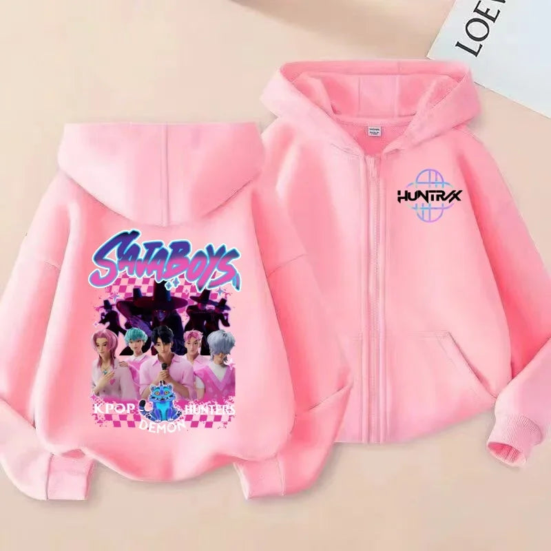 Felpa con zip stampata HUNTRX con la boy band coreana SajaBoys, cardigan con cappuccio alla moda KPOP Demon Hunters.