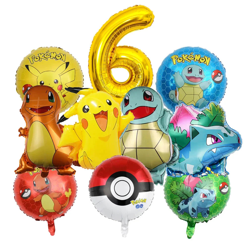 10 palloncini a tema cartoni animati per feste, tra cui Pikachu, il piccolo drago di fuoco, Jenny e la tartaruga, decorazioni per feste di compleanno per bambini e regali.