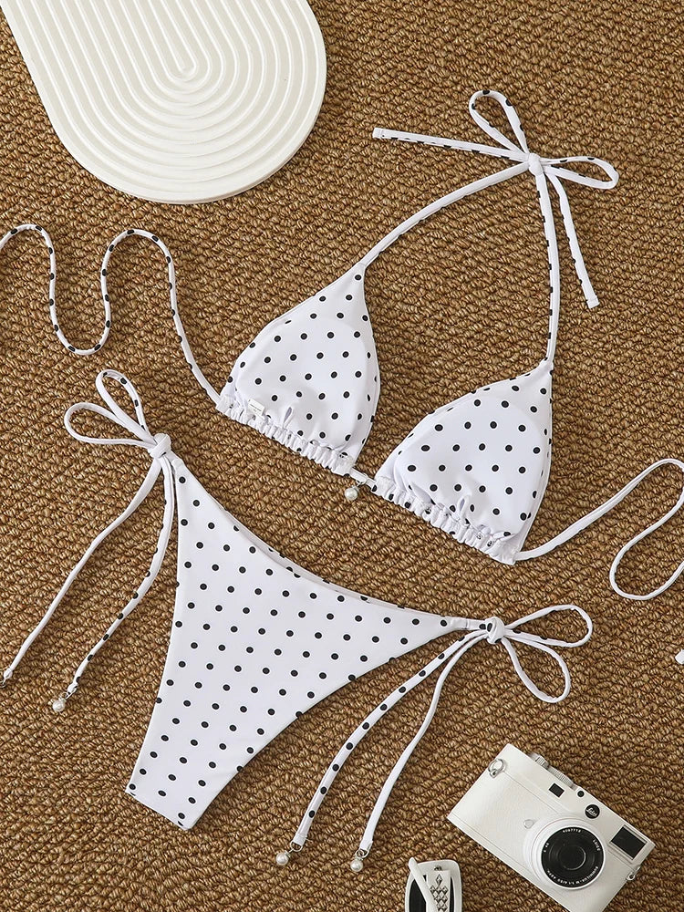Set di micro bikini sexy con stampa a pois e perle, costume da bagno 2026, abbigliamento da spiaggia per donna, bikini estivo da spiaggia, costume da bagno a due pezzi