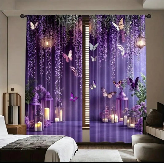 VIKAMA Romantico Tenda con motivo floreale viola e farfalle, drappeggiato con motivo a lanterna e vite, Camera da letto principale, Camera da principessa
