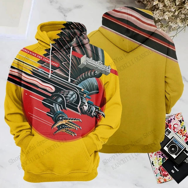 Felpe con cappuccio stampate in 3D della rock band Judas Priest, uomo e donna, moda sportiva, felpa con cappuccio, cappotto, abbigliamento da uomo, comfort, moletom