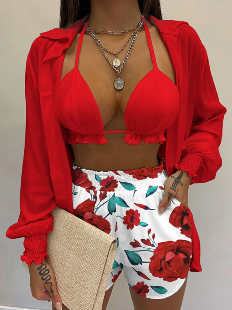 Three Pieces Swimwear Sexy Beachwear 2024 New Bathing Suit Shorts Cover Up Summer High Waist Bikini Set Print Women's Swimsuit