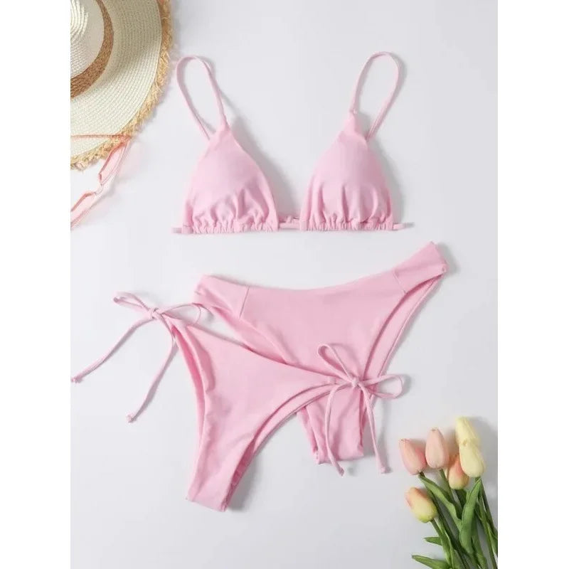 Sexy set bikini a 3 pezzi da donna, tinta unita blu e viola, push-up, a triangolo, costume da bagno brasiliano da spiaggia, costume da bagno bikini