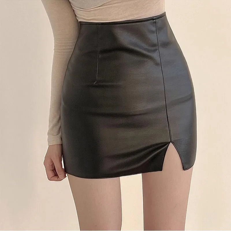 Women Side Slit Hem PU Leather Mini Skirts Solid Color Summer Female High Waist Slim Bodycon Skirts Lady Sexy Party Club Skirts