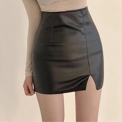 Women Side Slit Hem PU Leather Mini Skirts Solid Color Summer Female High Waist Slim Bodycon Skirts Lady Sexy Party Club Skirts