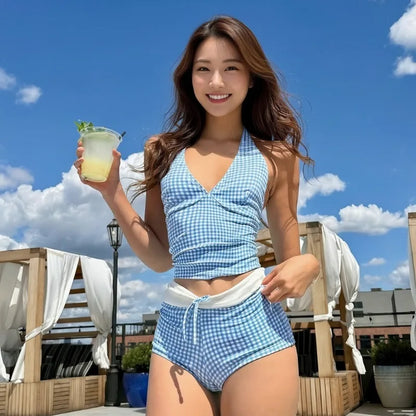 Color Block Plaid Halter Neck Bikini Set Women Slimming Drop Waisted Unique Designer Two Piece for Hot Spring Beach Vacation