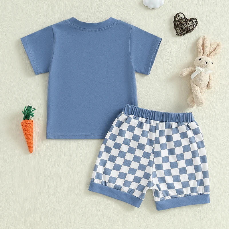 2024-12-17 Lioraitiin Completo estivo per neonato 6M-4Y per Pasqua: maglietta a maniche corte con coniglietto e pantaloncini a quadri.