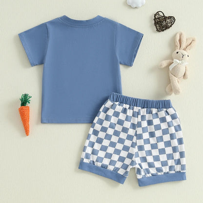 2024-12-17 Lioraitiin Completo estivo per neonato 6M-4Y per Pasqua: maglietta a maniche corte con coniglietto e pantaloncini a quadri.