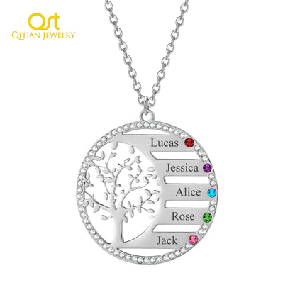 Collana personalizzata con nome dell'albero genealogico e ciondolo in cristallo con pietra portafortuna. Incisione del nome, catena in acciaio inossidabile, gioiello, regalo di Natale.