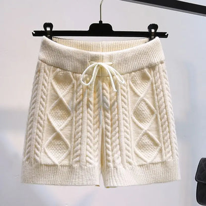 Pantaloncini da donna elasticizzati a vita alta con torsione, caldi e dolci, spessi, ideali per la casa, casual, dritti, a righe.