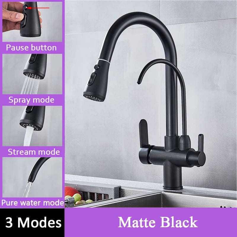 Black Filtered Faucet Brass Purifier Kitchen Faucet Dual Handle Drinking Water Vessel Sink Mixer Tap Torneira for Kitchen