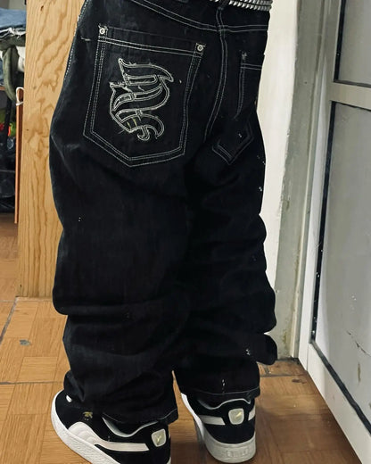 2024 Nuova tendenza americana 2024 Jeans larghi con ricamo hip-hop retrò per uomo e donna Y2K Harajuku Gothic Streetwear