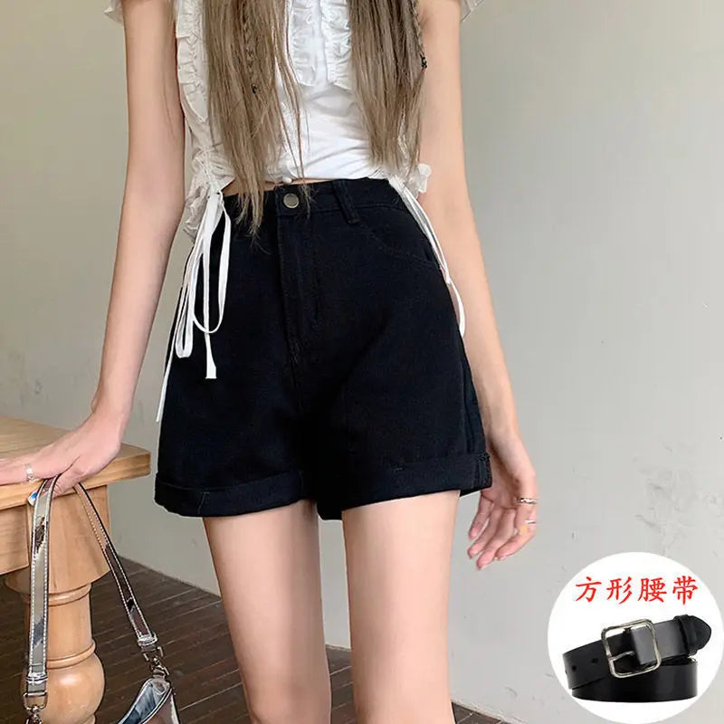 Light Blue High Waist Wide Leg A- Line Shorts Women's Denim Cuffed Hot Pants Design Sensation Casual Korean Style Cotton Shorts