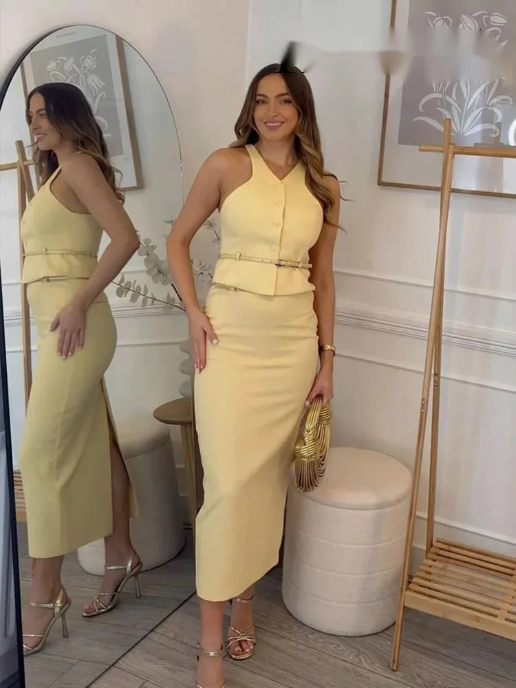 Completo da donna alla moda, top monopetto con cintura, senza maniche, scollo a V giallo + cintura con tasca a vita alta, gonne lunghe, set estivo da donna JHX6