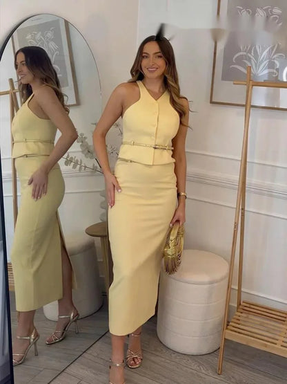 Completo da donna alla moda, top monopetto con cintura, senza maniche, scollo a V giallo + cintura con tasca a vita alta, gonne lunghe, set estivo da donna JHX6