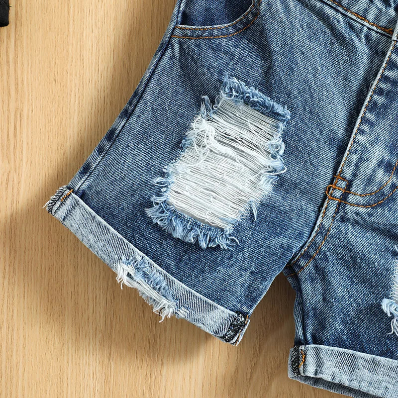 Completo estivo casual per neonati da 0 a 3 anni, composto da canotta con stampa di lettere e pantaloncini in denim strappati. Ideale per bambini piccoli.