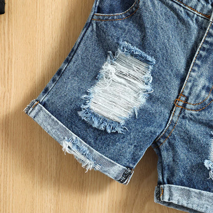 Completo estivo casual per neonati da 0 a 3 anni, composto da canotta con stampa di lettere e pantaloncini in denim strappati. Ideale per bambini piccoli.