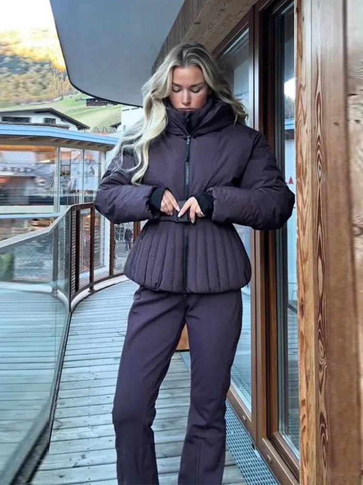 Women Hooded Tie-Waist Ski Suit Pink Flared Leg Fur Trim Water-Resistant Fabric 2025 Winter Outerwear Fashion Sweet Snow Suit