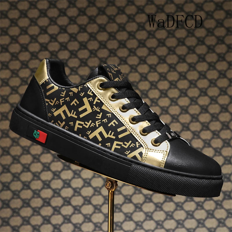 Sneakers casual da uomo, scarpe punk dorate con tomaia in microfibra e pelle, scarpe sportive con plateau rialzato.
