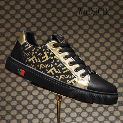 Sneakers casual da uomo, scarpe punk dorate con tomaia in microfibra e pelle, scarpe sportive con plateau rialzato.